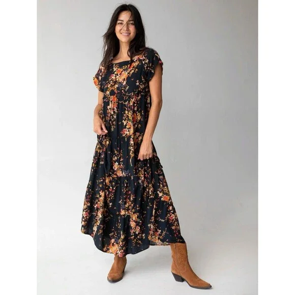 NWT NATURAL LIFE Berkley Maxi Dress Black Floral Boho Chic Hippie Indie Size S - Picture 1 of 9